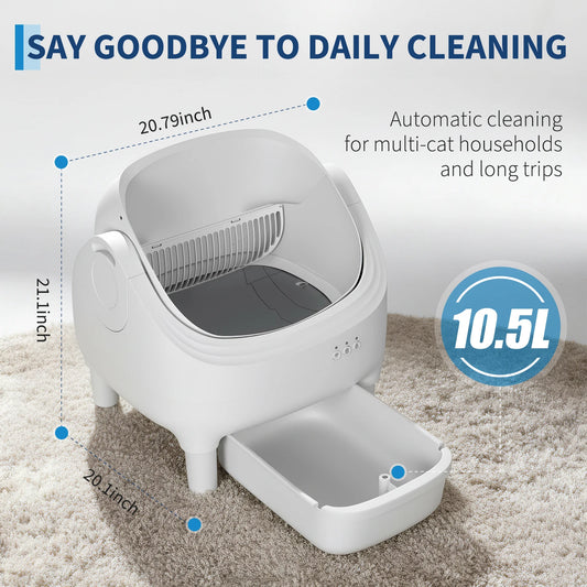 Self Cleaning Automatic Cat Litter Box, Odor-Free, Open-Top w/Large Waste Bin for Multiple Cats, Includes Trash Bags