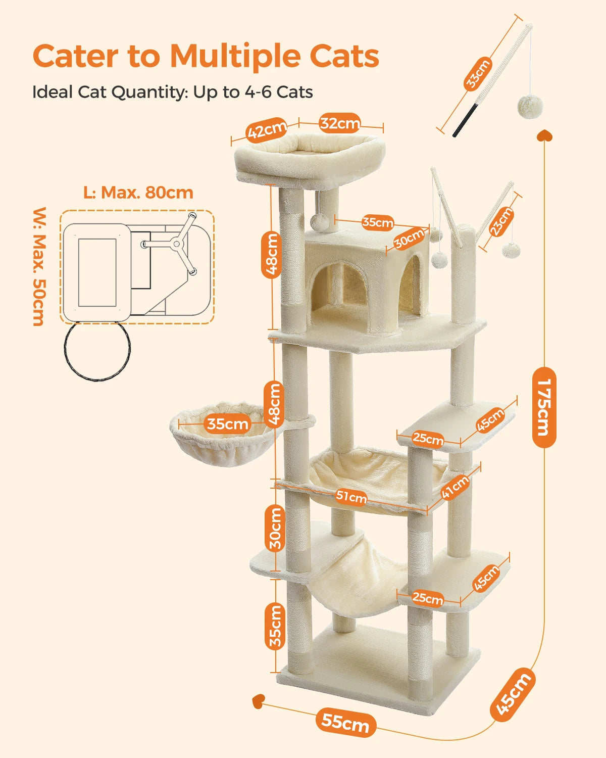 Sturdy Multi-Level Cat Tree Tower with Natural Sisal Scratching Posts, includes Large Top Perch and Fun Dangling Ball