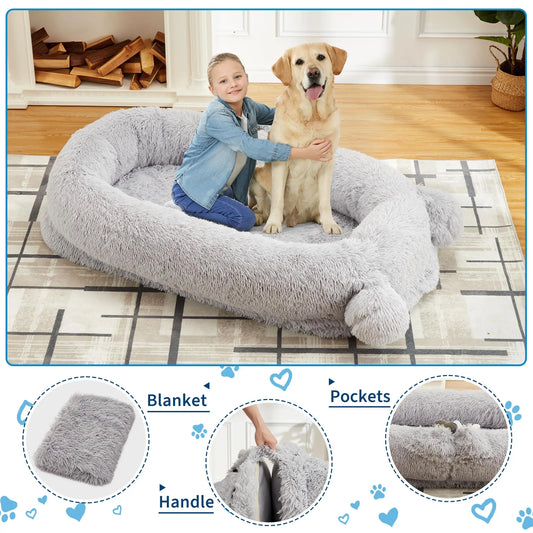 71" Large Human-Size Dog Bed For Adults & Pets, Removable Washable Cover, Storage Pockets, & Matching Blanket
