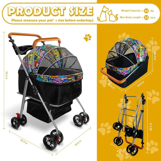 3-in-1 Foldable Pet Stroller with Storage, Cup Holder, Suitable for Medium Dogs and Cats