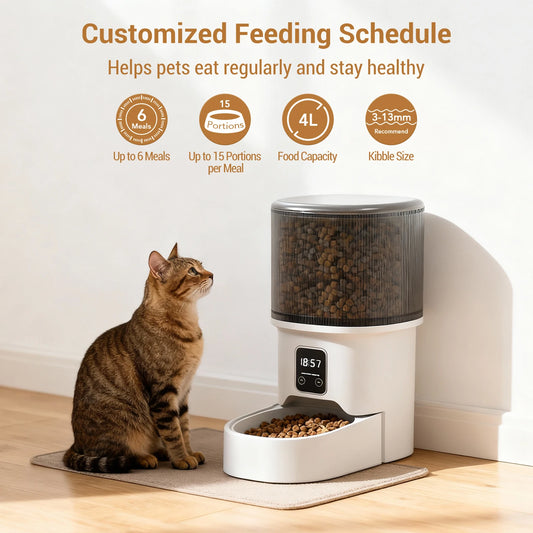 Programmable 4L Automatic Pet Feeder for Small Dogs or Cats, Up to 6 Meals Daily, Timer/Portion Control, Pet Feeding Food Dispenser