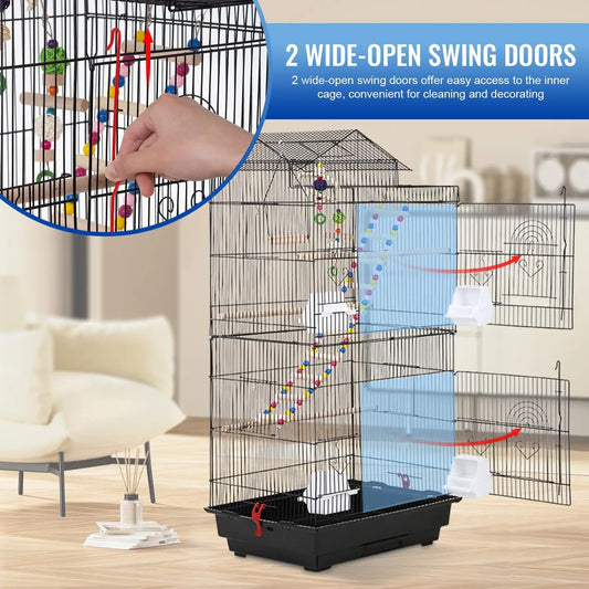 39-Inch Parrot Cage with Play Top, Rolling Stand & Easy-Clean Tray for Small Birds