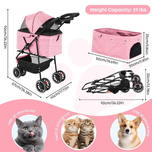 Pet Stroller For Small Dogs & Cats; Travel Portable Stroller, Foldable