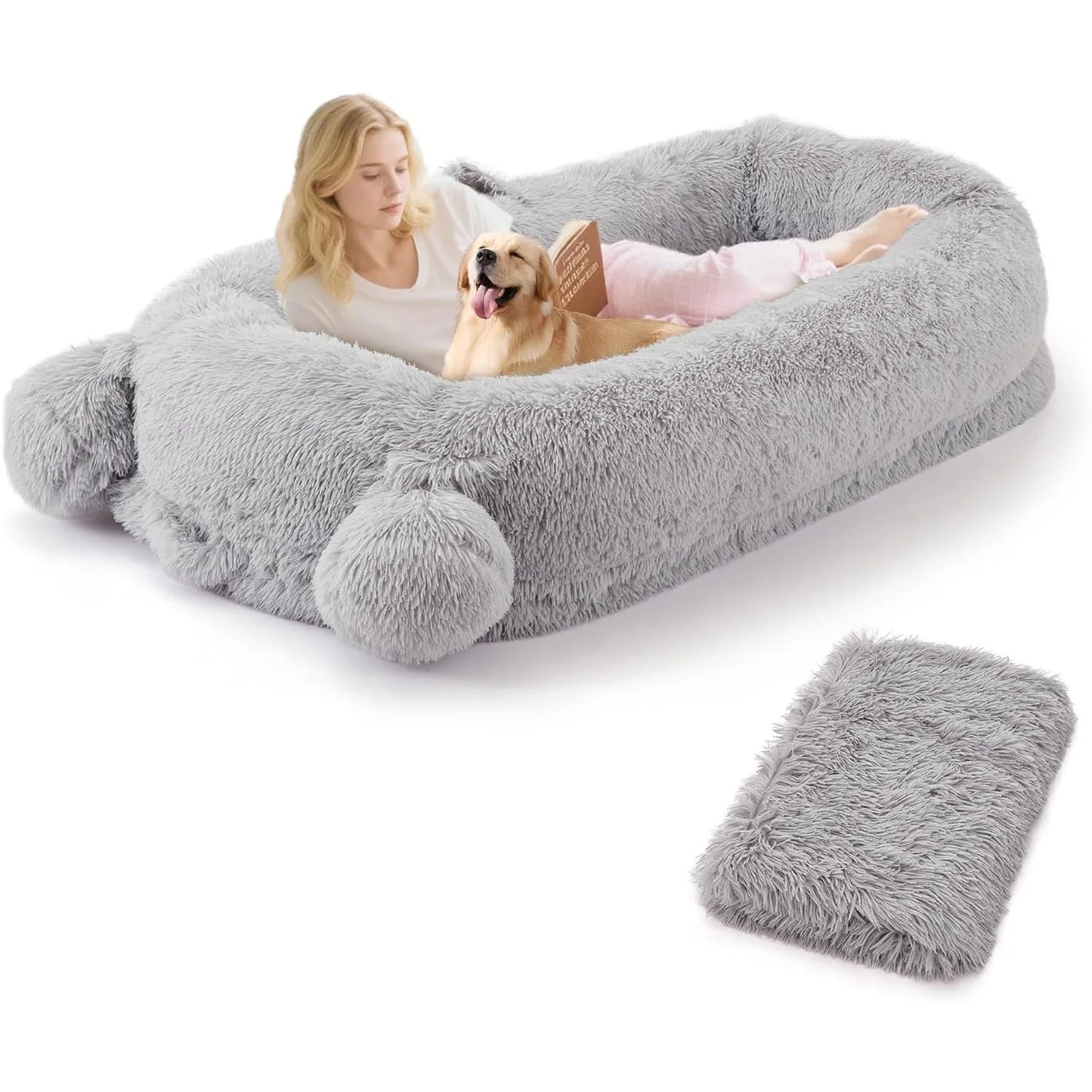 71" Large Human-Size Dog Bed For Adults & Pets, Removable Washable Cover, Storage Pockets, & Matching Blanket