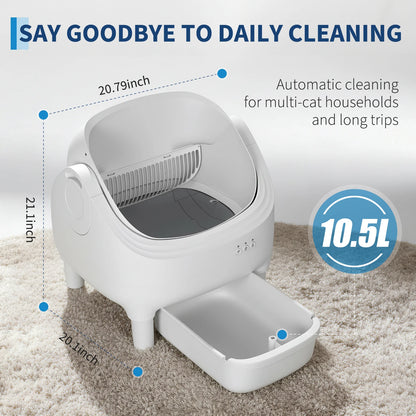 Self Cleaning Automatic Cat Litter Box, Odor-Free, Open-Top w/Large Waste Bin for Multiple Cats, Includes Trash Bags