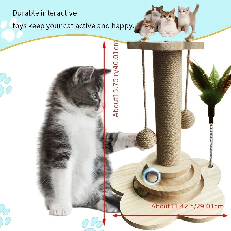 Indoor Cat Scratching Post for Home Pets, 2-Layer Ball Track Kitten Toy with Teasing Wand