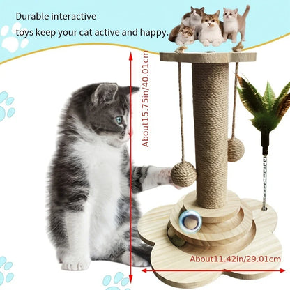 Indoor Cat Scratching Post for Home Pets, 2-Layer Ball Track Kitten Toy with Teasing Wand