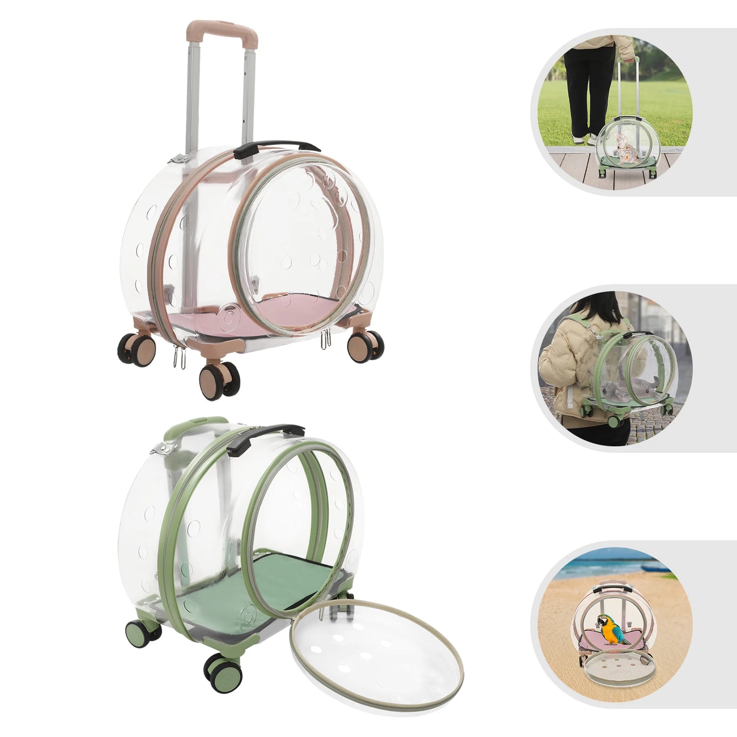 Pink/Green Breathable Cat Carrier with 4 Rolling Wheels 16 x 10.5 x 18 inches for Cats Weighing Within 20 lbs