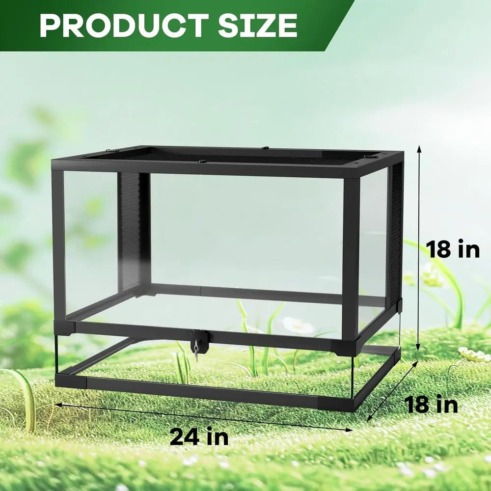 24x18x18 Inch Tempered Glass Reptile Enclosure - Escape-Proof, Ideal for Desert or Rainforest Habitats, Easy Setup with Ventilat