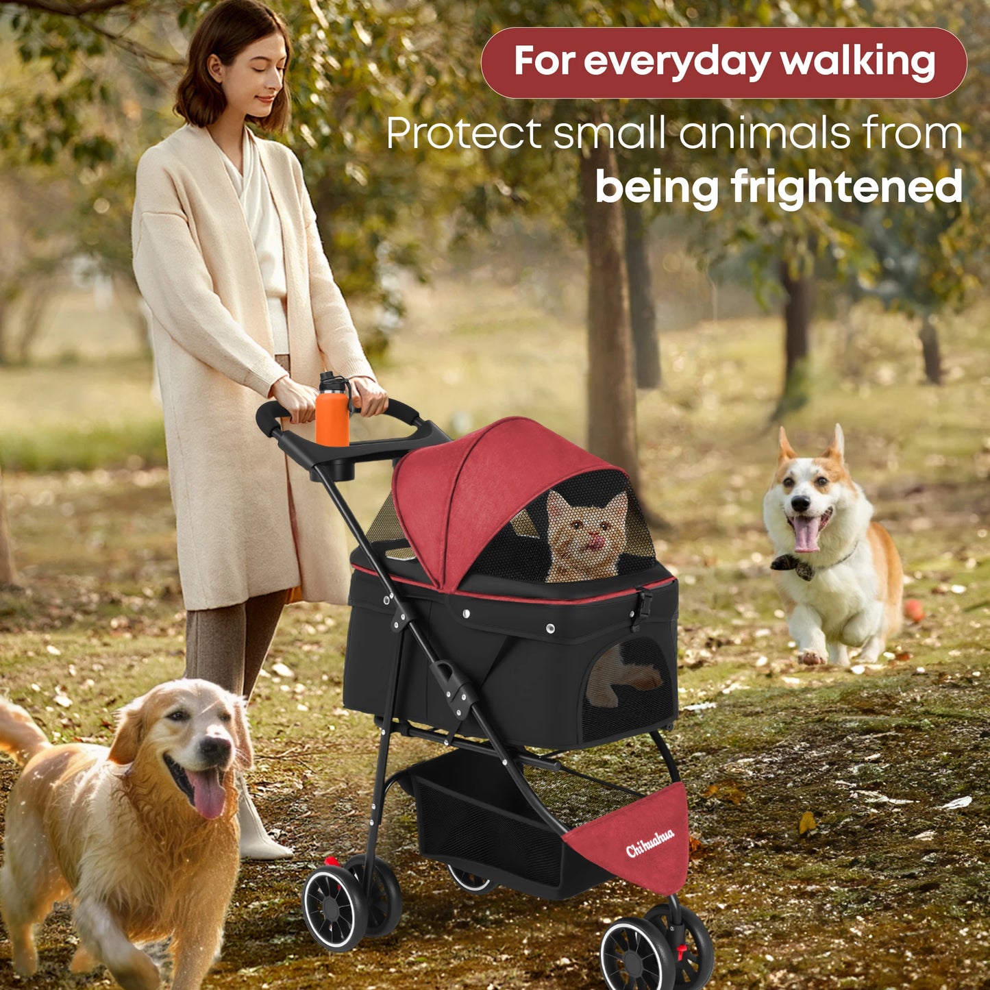 Pet Stroller For Small Medium Cats & Dogs, 3 Wheels Foldable with Breathable Mesh Canopy
