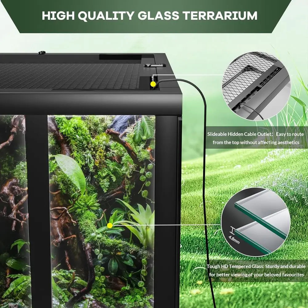 24x18x18 Inch Tempered Glass Reptile Enclosure - Escape-Proof, Ideal for Desert or Rainforest Habitats, Easy Setup with Ventilat