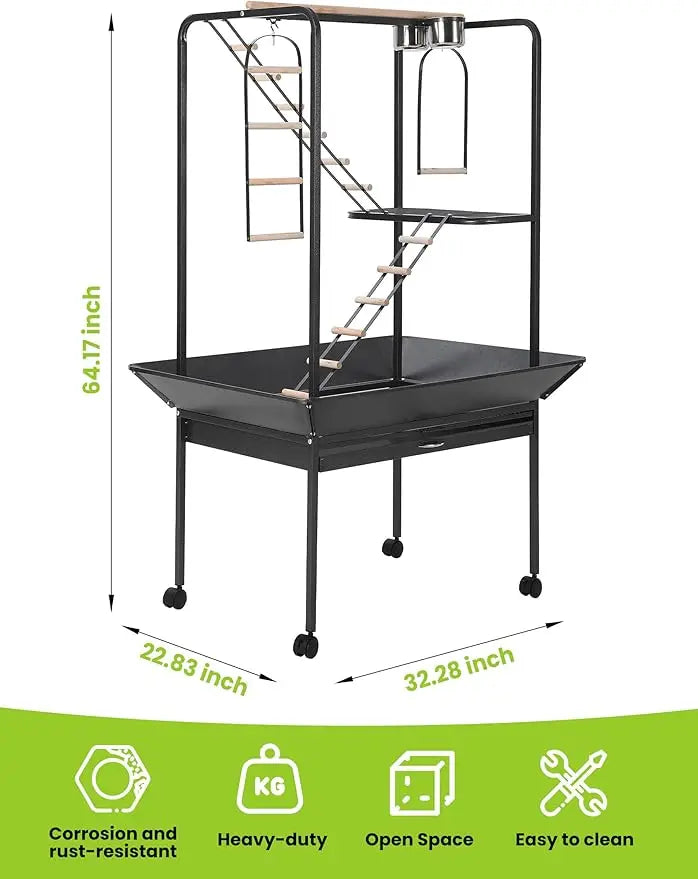 Pet Products Parrot Playstand with Wheels, Bird Cage Stand with Activity Play Center with Perches and Ladders