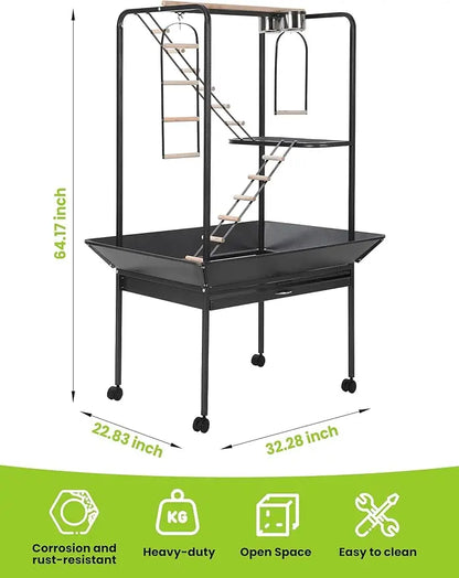 Pet Products Parrot Playstand with Wheels, Bird Cage Stand with Activity Play Center with Perches and Ladders