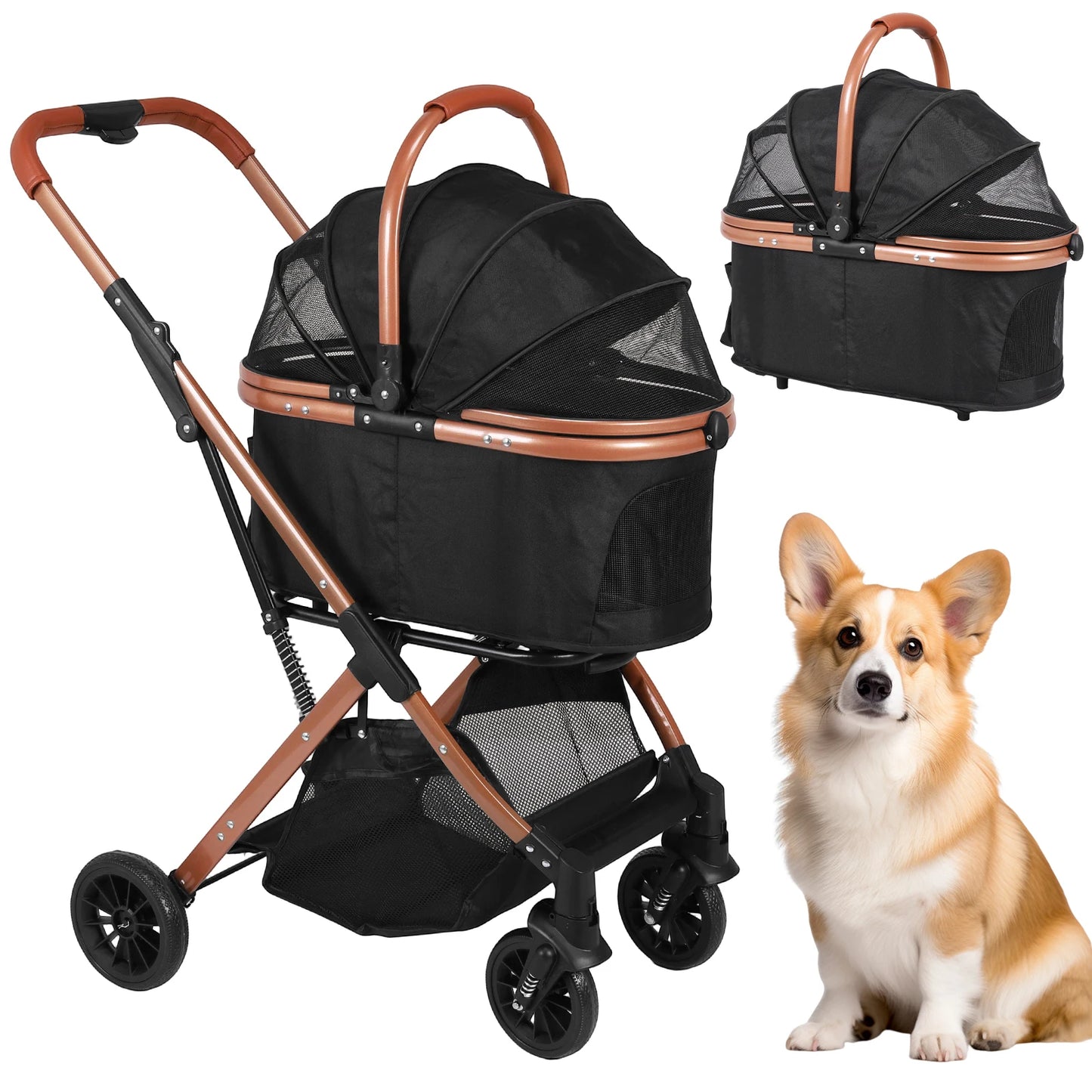 Smooth-Ride Dog Stroller All Terrain 4 Wheels Folding Stroller Foldable & Ventilated with Sun Shades for Small Medium Dogs Cats