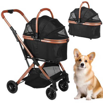 Smooth-Ride Dog Stroller All Terrain 4 Wheels Folding Stroller Foldable & Ventilated with Sun Shades for Small Medium Dogs Cats