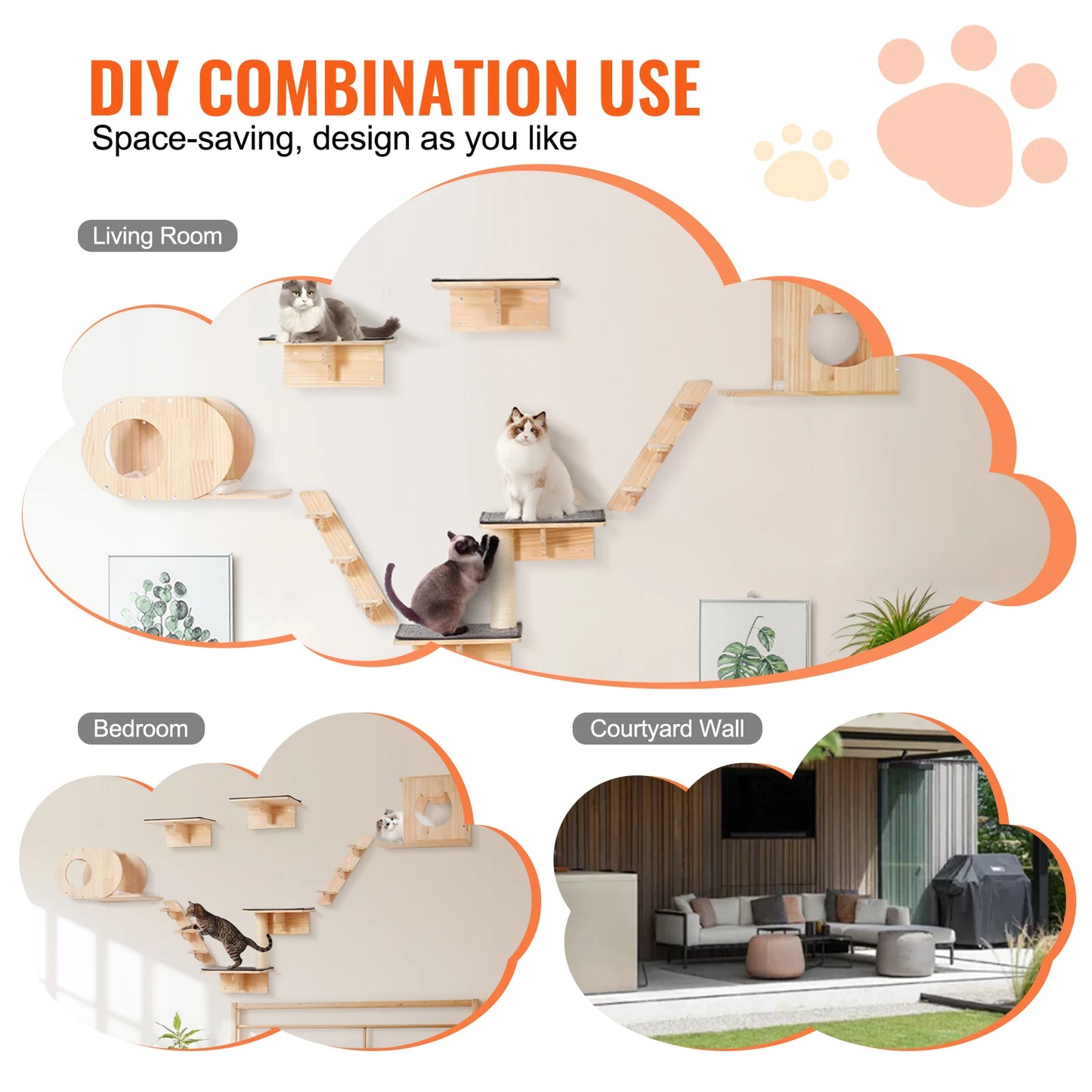 SucceBuy Wall Mounted Cat Shelves, Wall Shelves and Perches with Jumping Boards and Hammocks