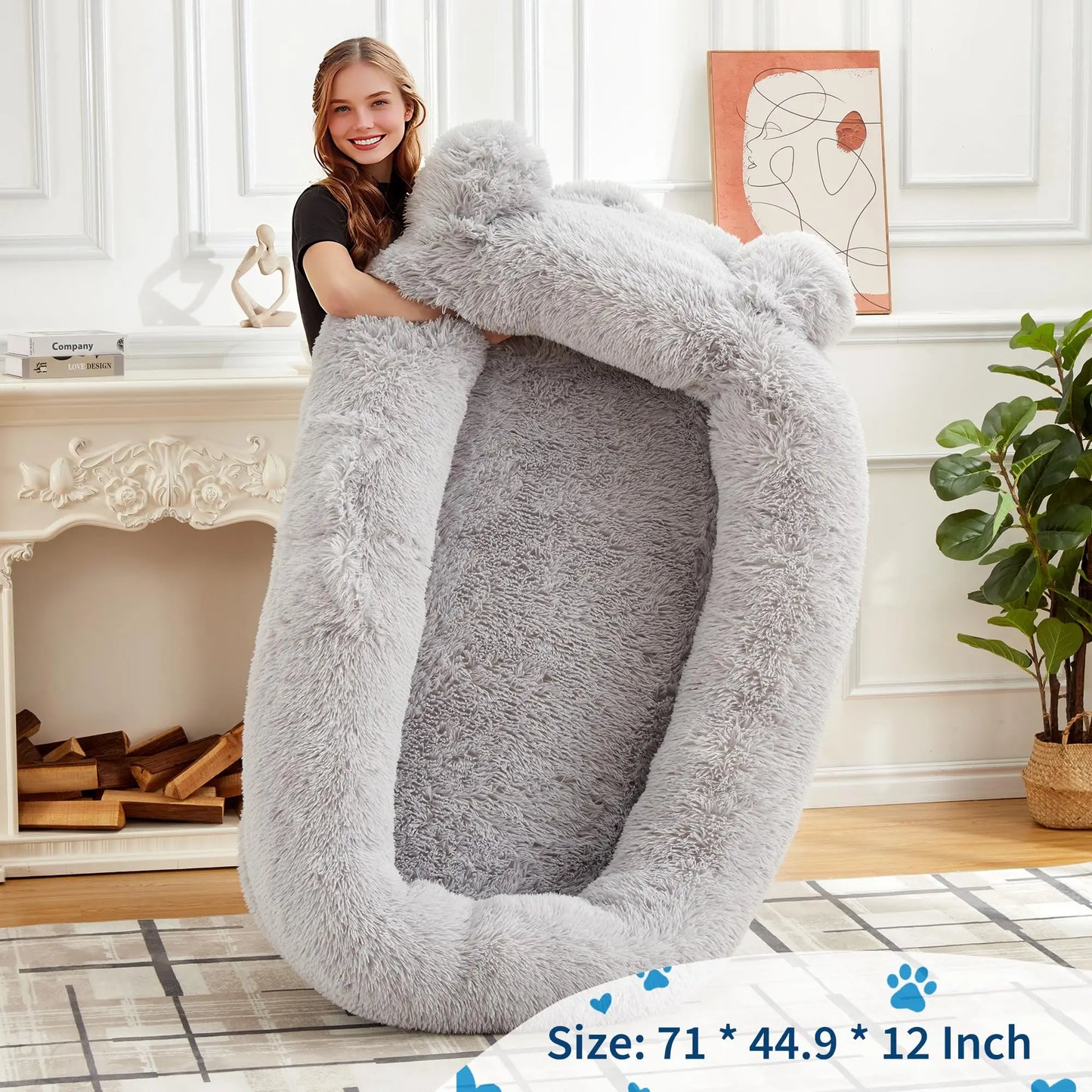 71" Large Human-Size Dog Bed For Adults & Pets, Removable Washable Cover, Storage Pockets, & Matching Blanket