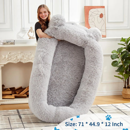 71" Large Human-Size Dog Bed For Adults & Pets, Removable Washable Cover, Storage Pockets, & Matching Blanket