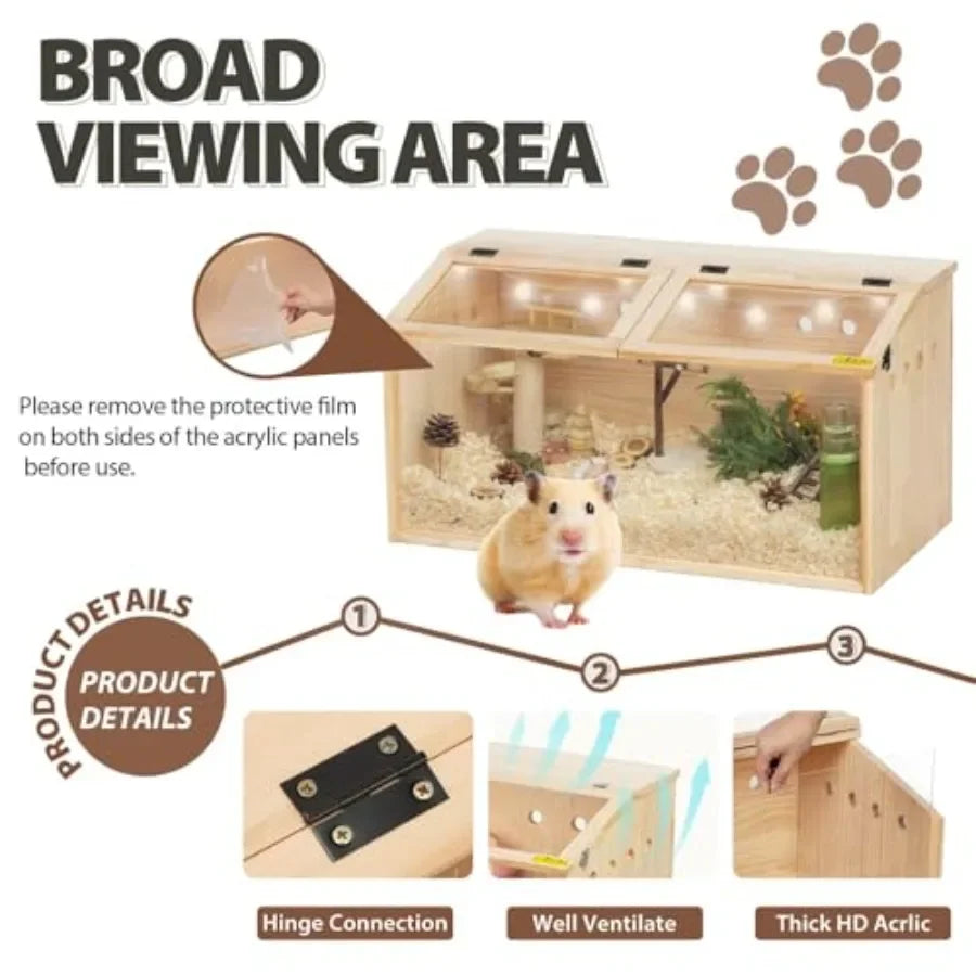 Wooden Hamster Cage Large Hamster Habitats Enclosure with Acrylic Window and Openable Top 32" L x 16" W x 16" H Small Animal Ca