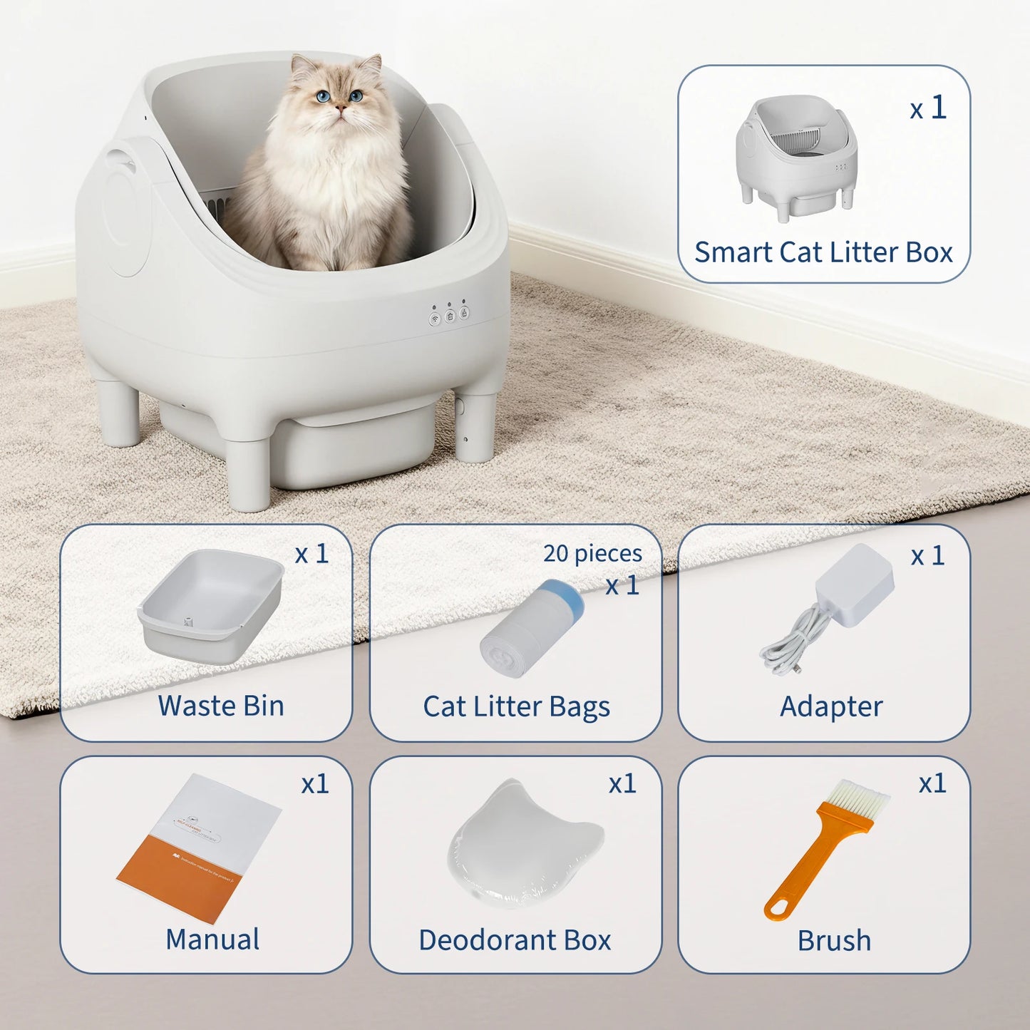 Self Cleaning Automatic Cat Litter Box, Odor-Free, Open-Top w/Large Waste Bin for Multiple Cats, Includes Trash Bags