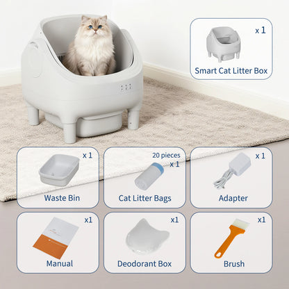 Self Cleaning Automatic Cat Litter Box, Odor-Free, Open-Top w/Large Waste Bin for Multiple Cats, Includes Trash Bags