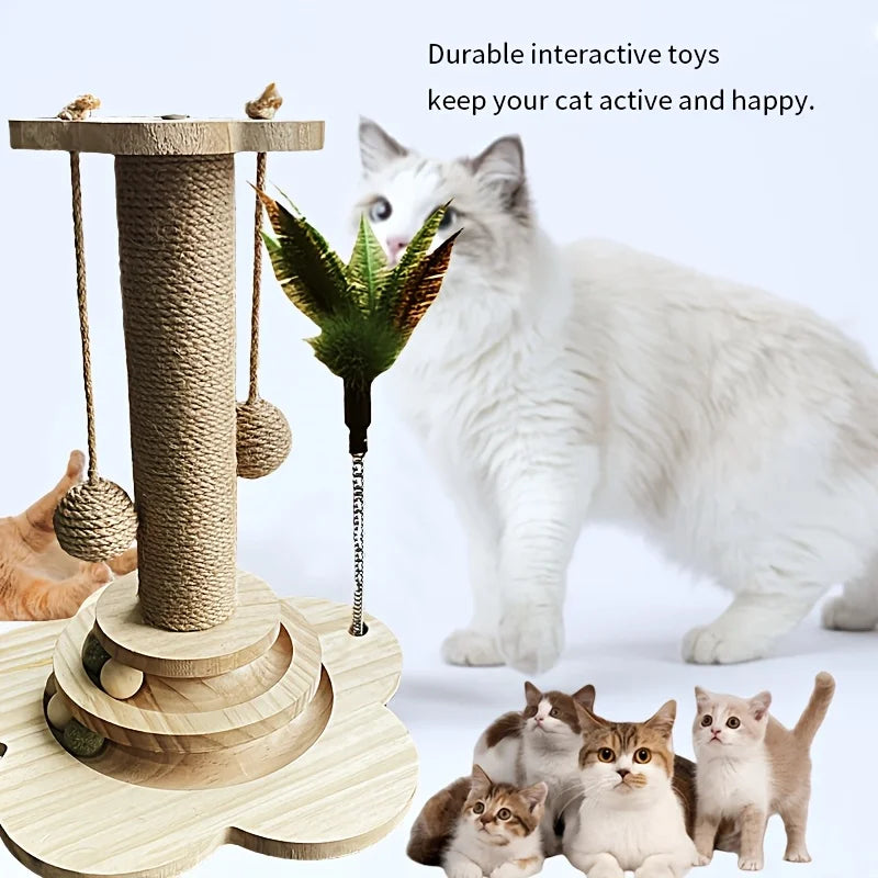 Indoor Cat Scratching Post for Home Pets, 2-Layer Ball Track Kitten Toy with Teasing Wand