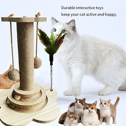 Indoor Cat Scratching Post for Home Pets, 2-Layer Ball Track Kitten Toy with Teasing Wand