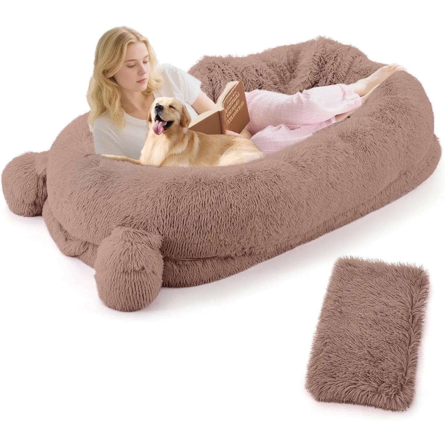 71" Large Human-Size Dog Bed For Adults & Pets, Removable Washable Cover, Storage Pockets, & Matching Blanket