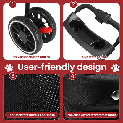 Pet Stroller For Small Medium Cats & Dogs, 3 Wheels Foldable with Breathable Mesh Canopy