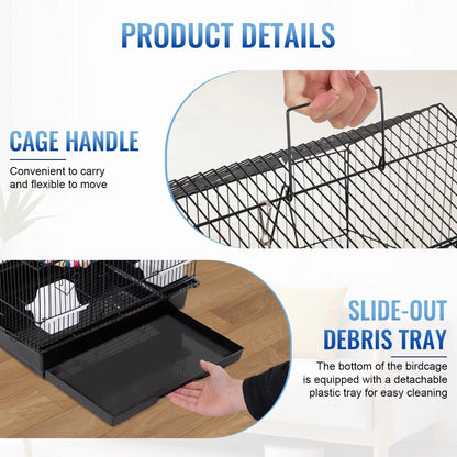 39-Inch Parrot Cage with Play Top, Rolling Stand & Easy-Clean Tray for Small Birds