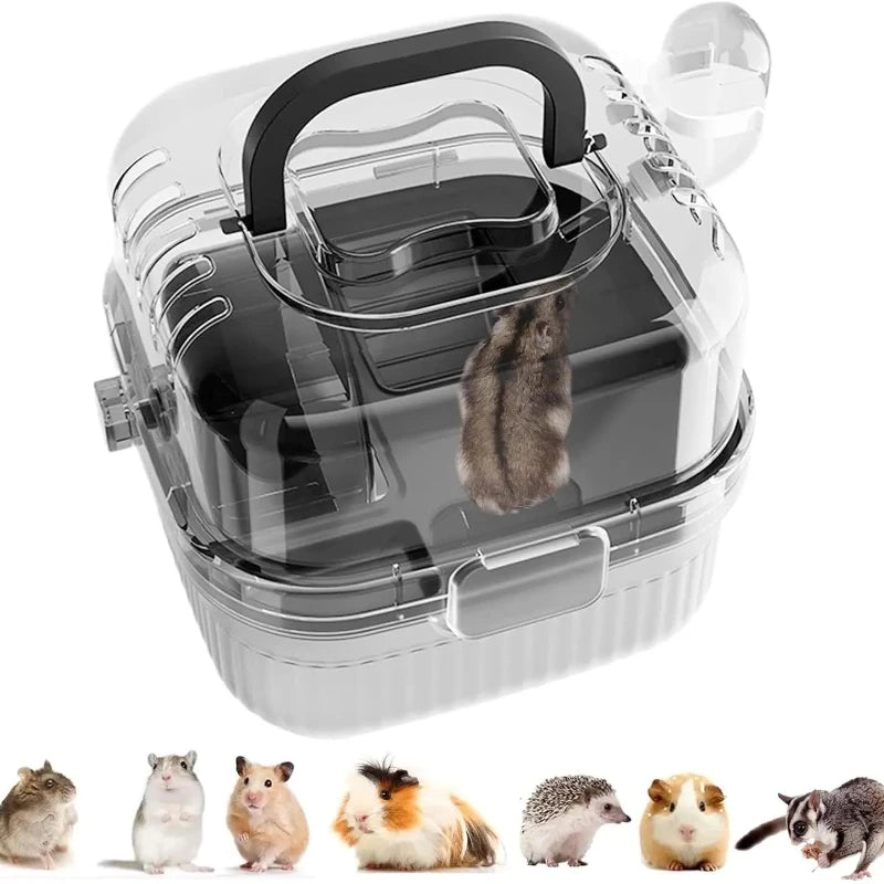 Portable Hamster Cage Chinchilla Outdoor Carrier Cage Clear Large Flip Cover with Water Bottle Pet Breeding Box guinea pig