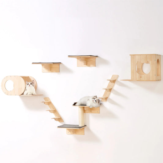 SucceBuy Wall Mounted Cat Shelves, Wall Shelves and Perches with Jumping Boards and Hammocks