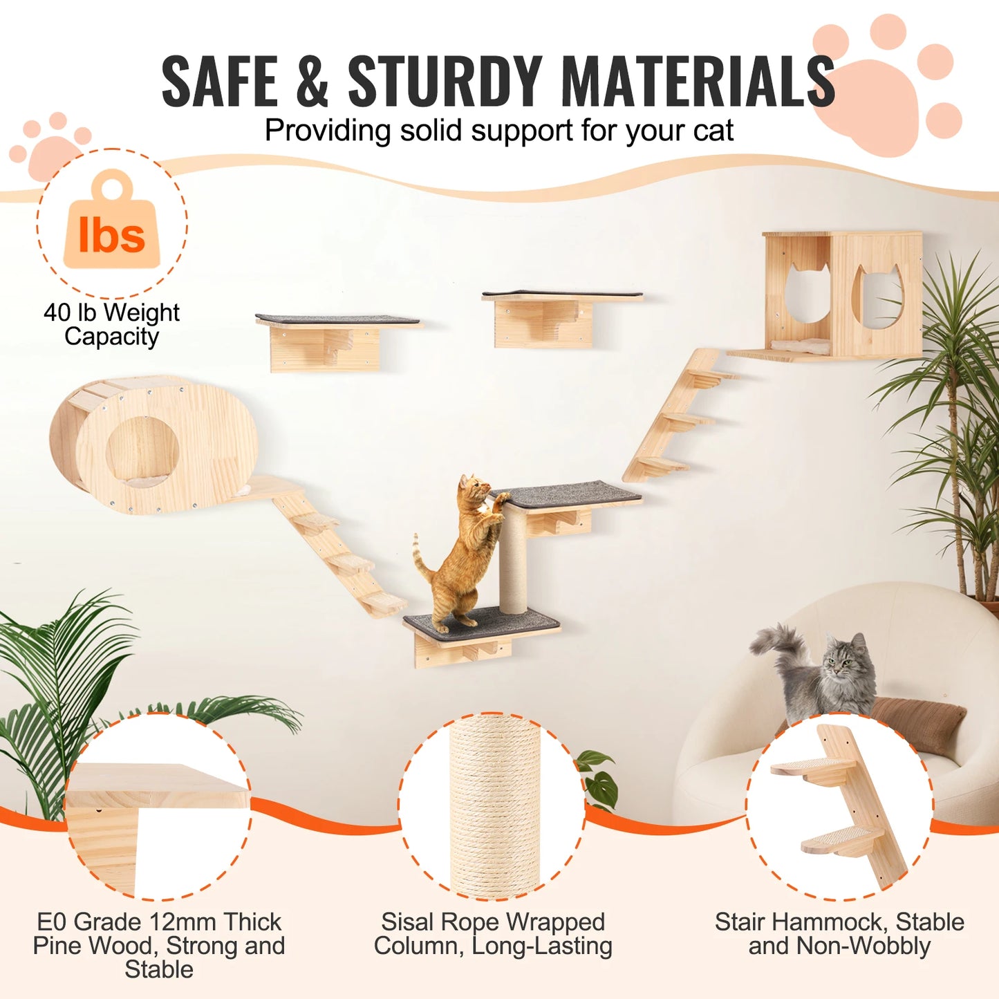 SucceBuy Wall Mounted Cat Shelves, Wall Shelves and Perches with Jumping Boards and Hammocks