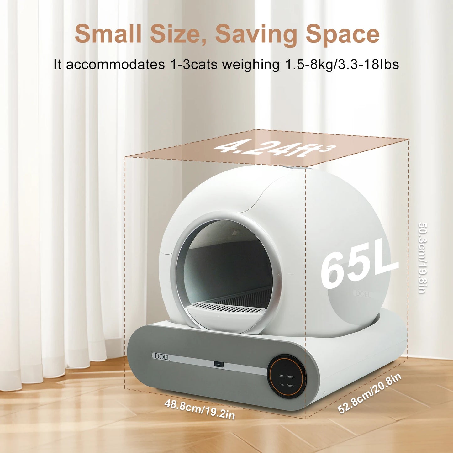 Self Cleaning Cat Litter Box, 65L Automatic Cat Litter Box w/ Trash Bag & Litter Mat; Smart Cat Toilet App Control 2.4G WiFi