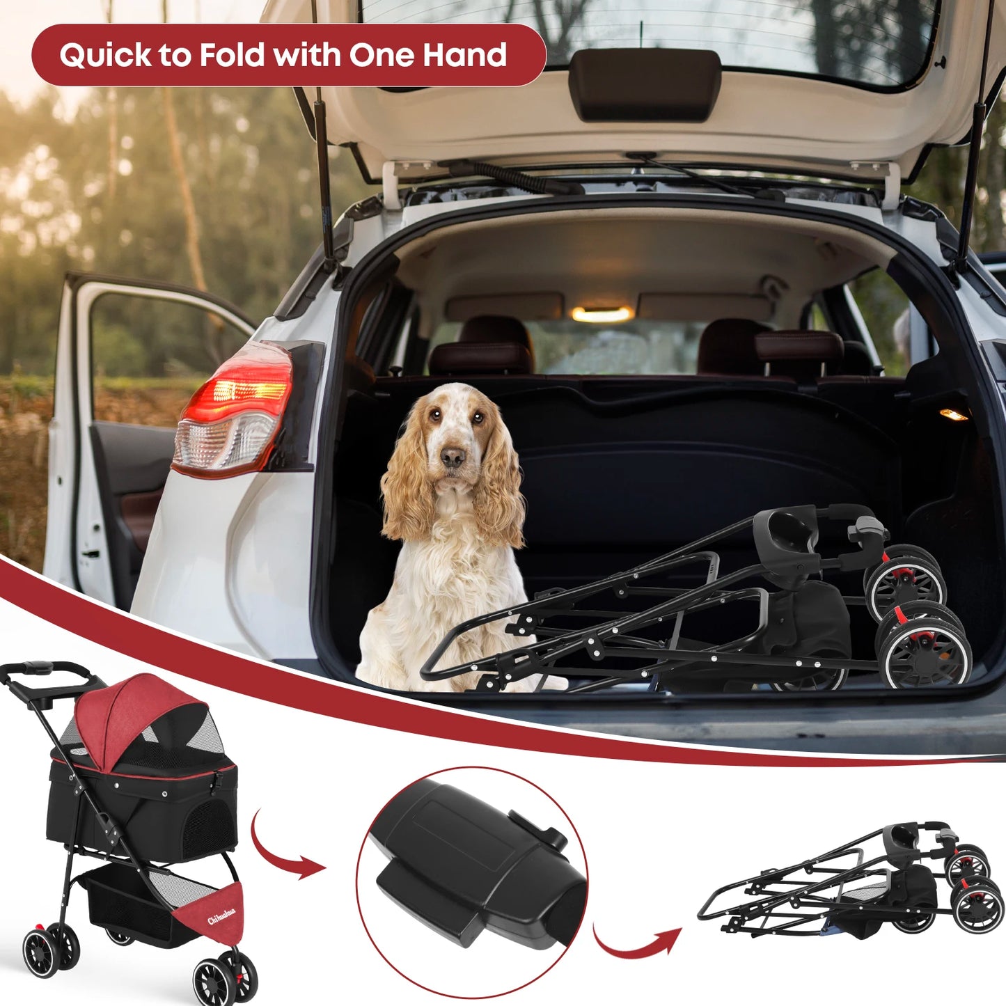 Pet Stroller For Small Medium Cats & Dogs, 3 Wheels Foldable with Breathable Mesh Canopy