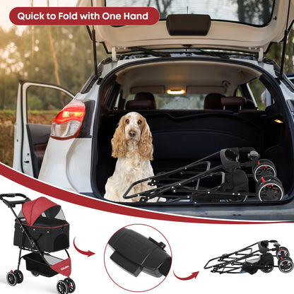 Pet Stroller For Small Medium Cats & Dogs, 3 Wheels Foldable with Breathable Mesh Canopy