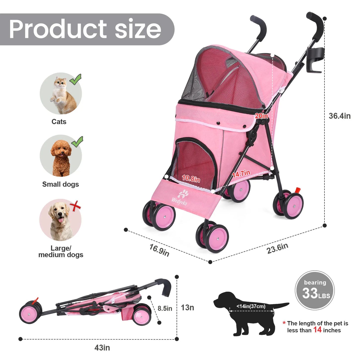 Pet Dog Stroller 4 Wheels Puppy Stroller Rotate with Brakes