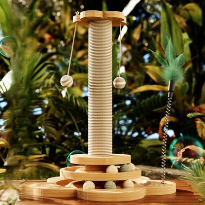 Indoor Cat Scratching Post for Home Pets, 2-Layer Ball Track Kitten Toy with Teasing Wand