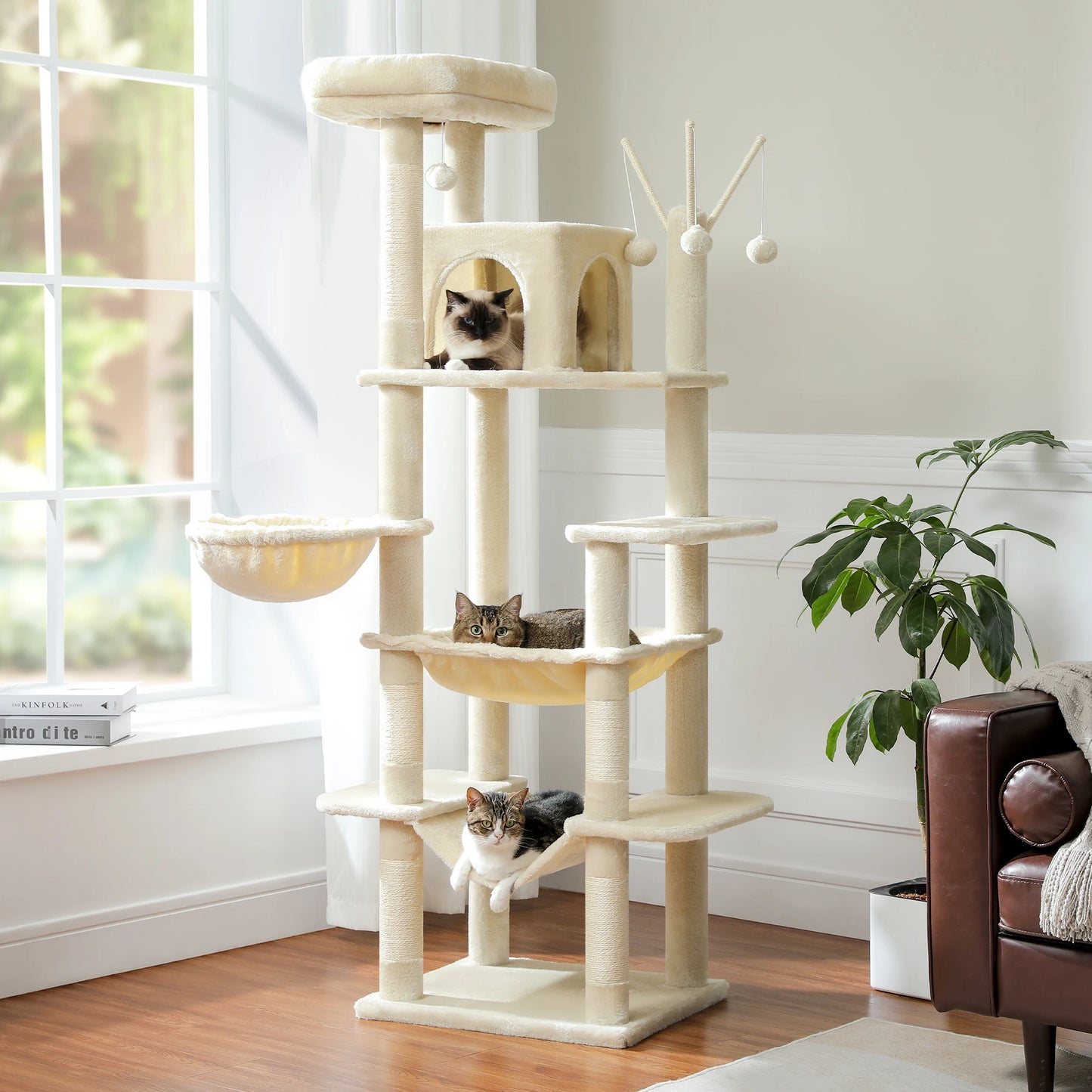 Sturdy Multi-Level Cat Tree Tower with Natural Sisal Scratching Posts, includes Large Top Perch and Fun Dangling Ball