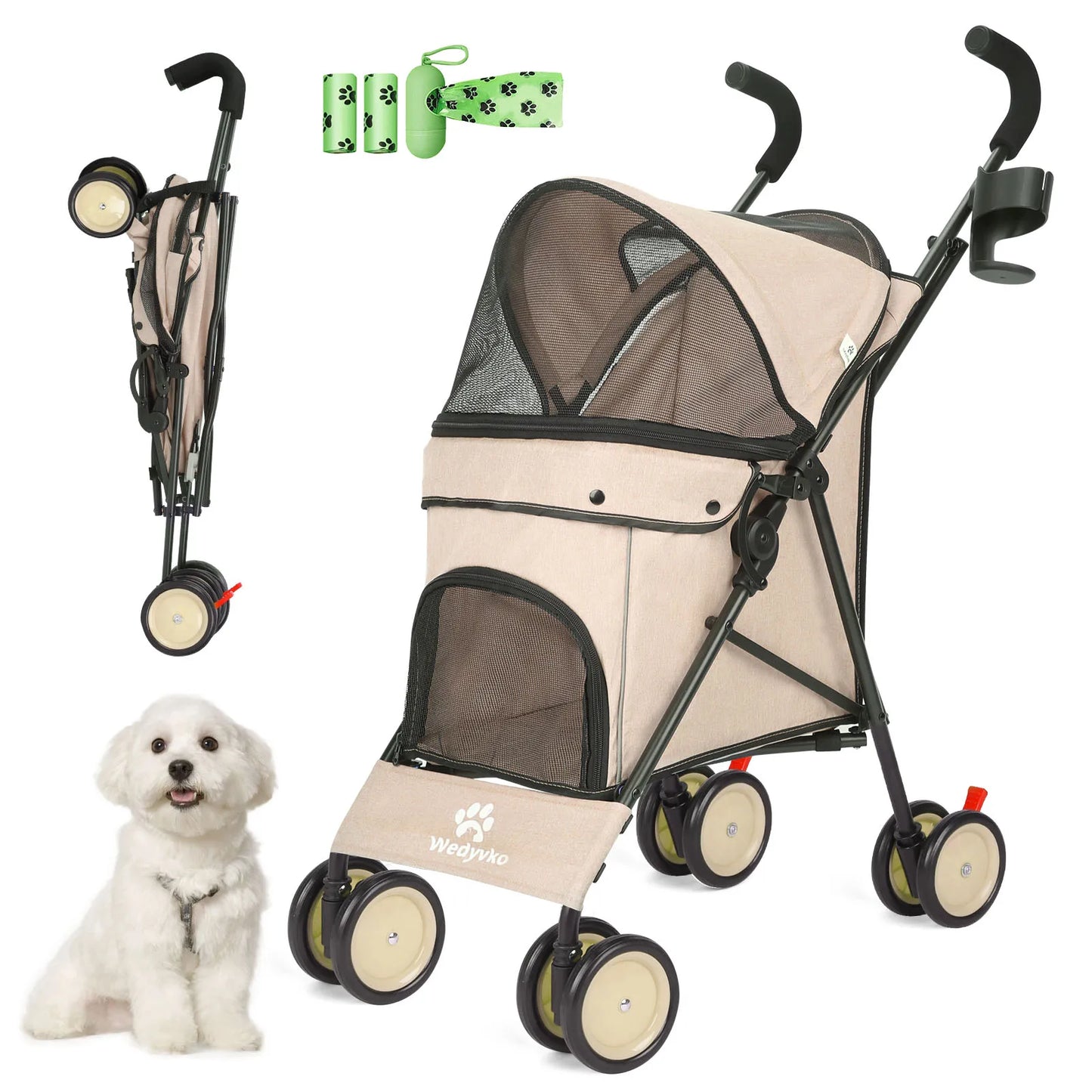 Pet Dog Stroller 4 Wheels Puppy Stroller Rotate with Brakes