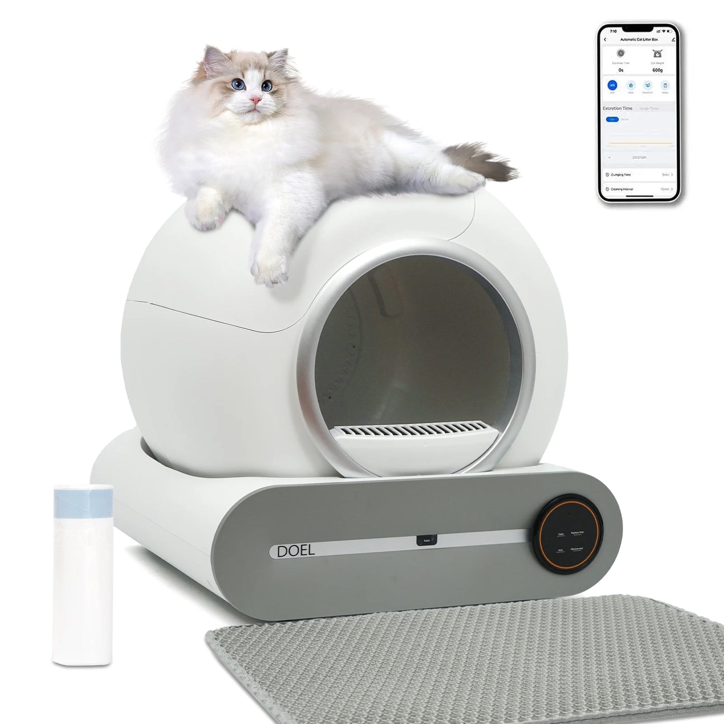 Self Cleaning Cat Litter Box, 65L Automatic Cat Litter Box w/ Trash Bag & Litter Mat; Smart Cat Toilet App Control 2.4G WiFi