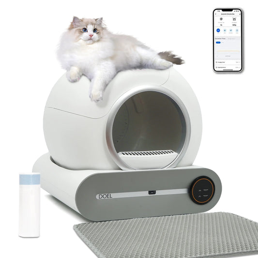 Self Cleaning Cat Litter Box, 65L Automatic Cat Litter Box w/ Trash Bag & Litter Mat; Smart Cat Toilet App Control 2.4G WiFi