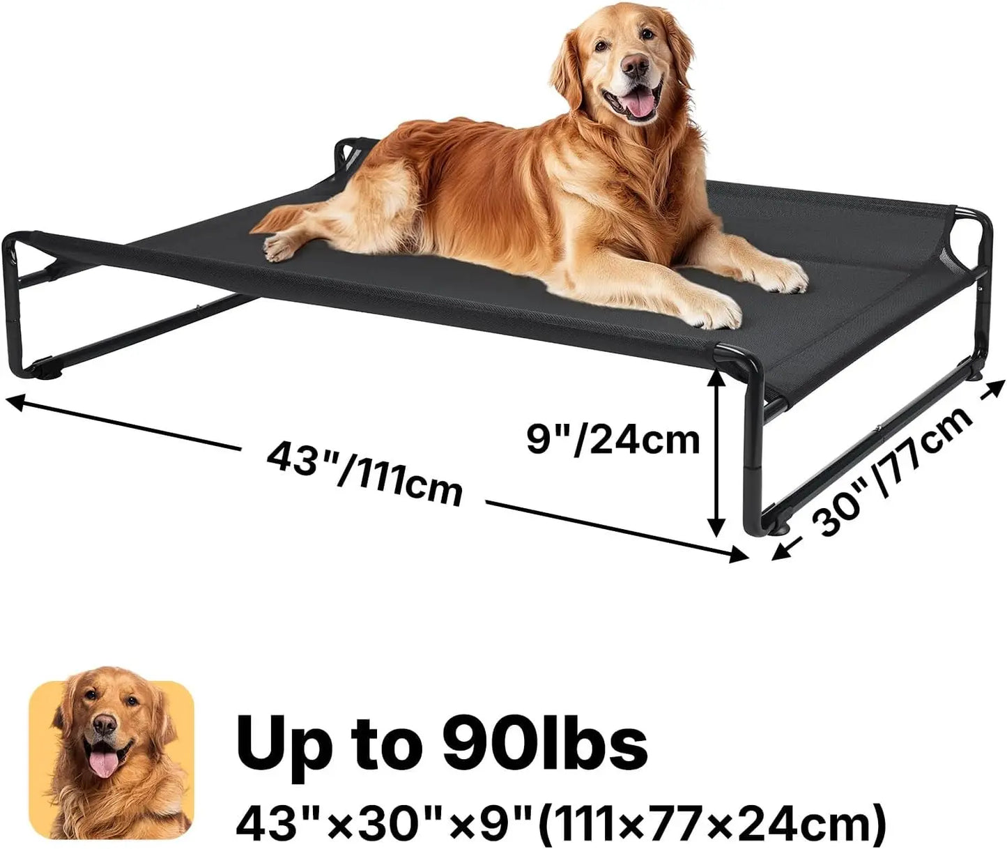 Elevated Cooling Dog Bed for Large Breeds, Portable Pet Cot with Breathable Mesh and Non-Slip Feet, Black
