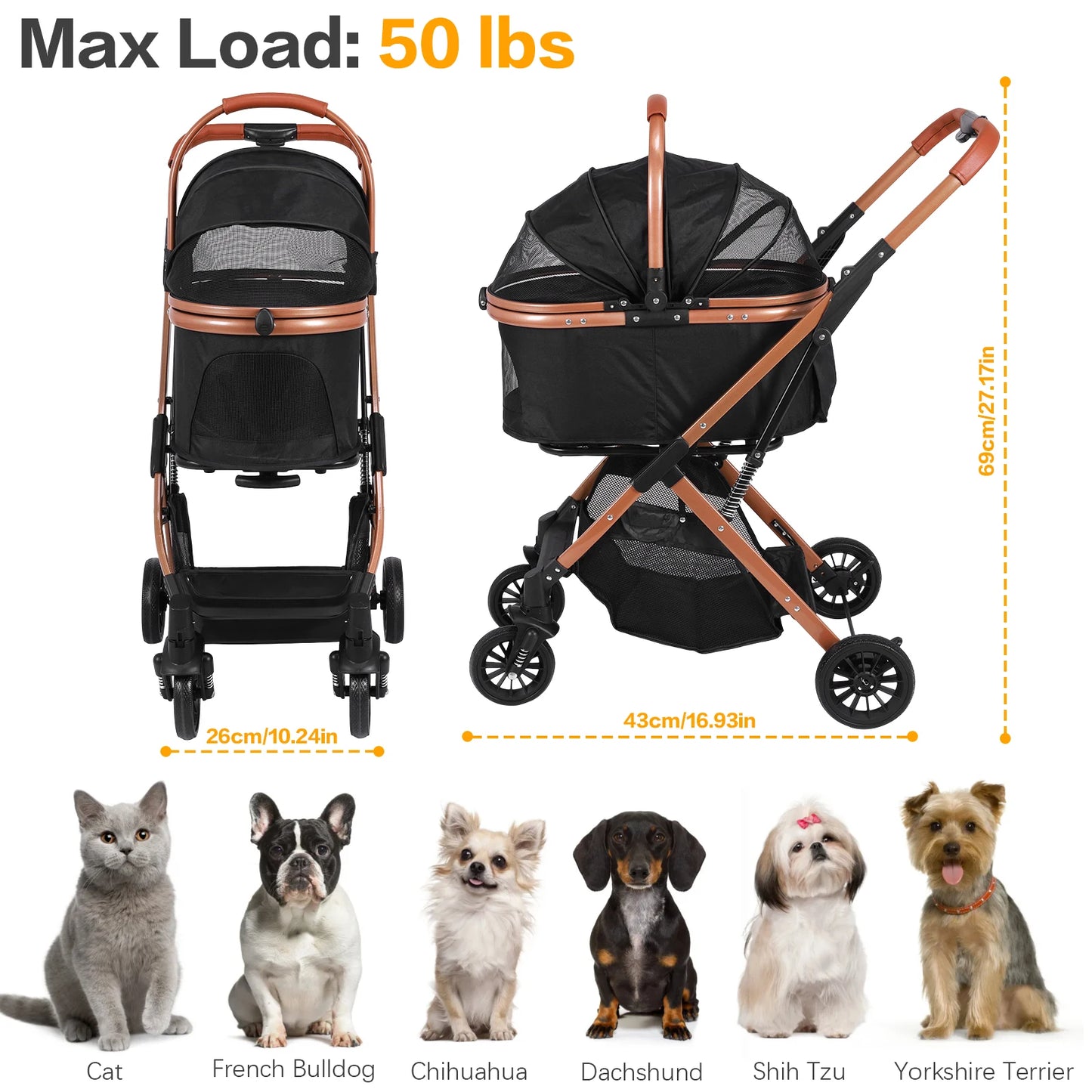 Smooth-Ride Dog Stroller All Terrain 4 Wheels Folding Stroller Foldable & Ventilated with Sun Shades for Small Medium Dogs Cats