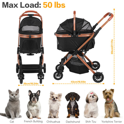 Smooth-Ride Dog Stroller All Terrain 4 Wheels Folding Stroller Foldable & Ventilated with Sun Shades for Small Medium Dogs Cats