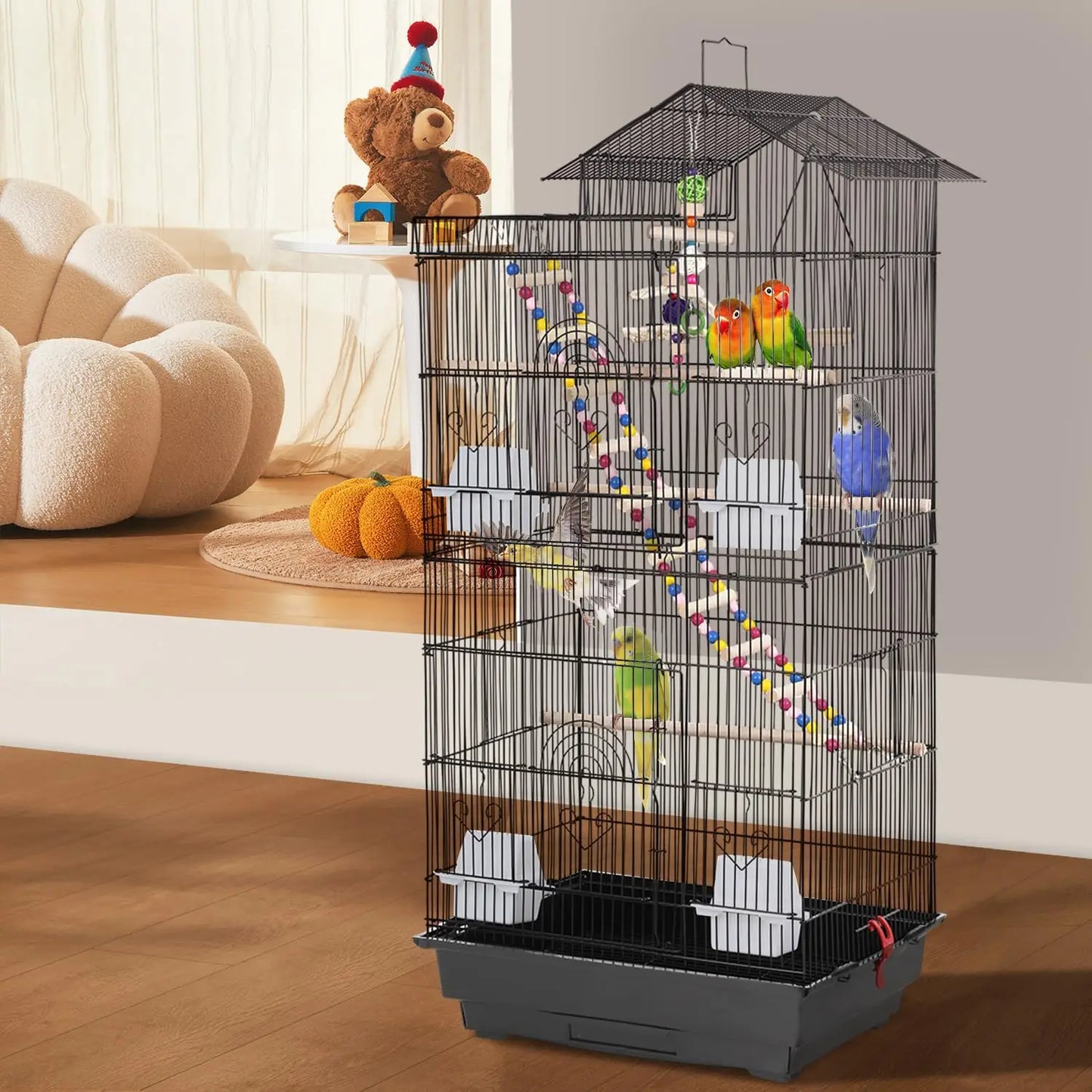 39-Inch Parrot Cage with Play Top, Rolling Stand & Easy-Clean Tray for Small Birds