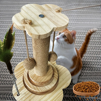 Indoor Cat Scratching Post for Home Pets, 2-Layer Ball Track Kitten Toy with Teasing Wand