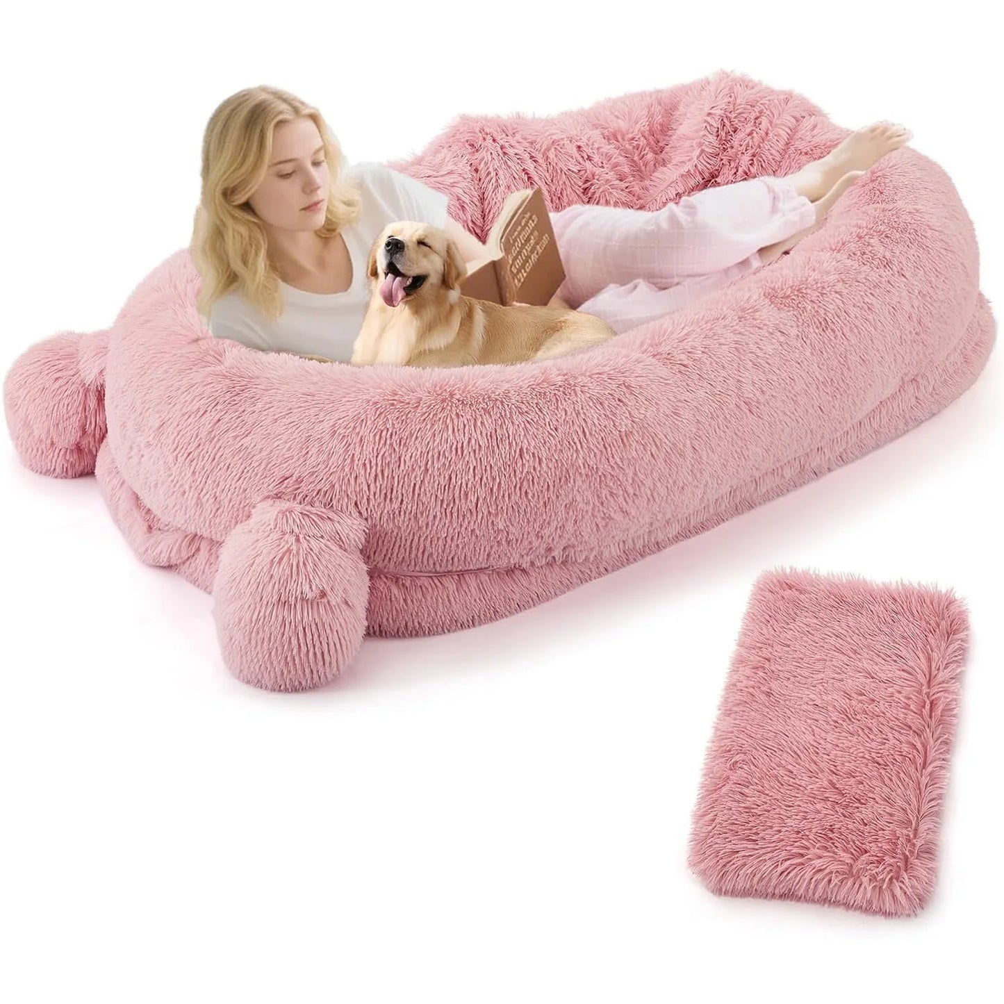 71" Large Human-Size Dog Bed For Adults & Pets, Removable Washable Cover, Storage Pockets, & Matching Blanket
