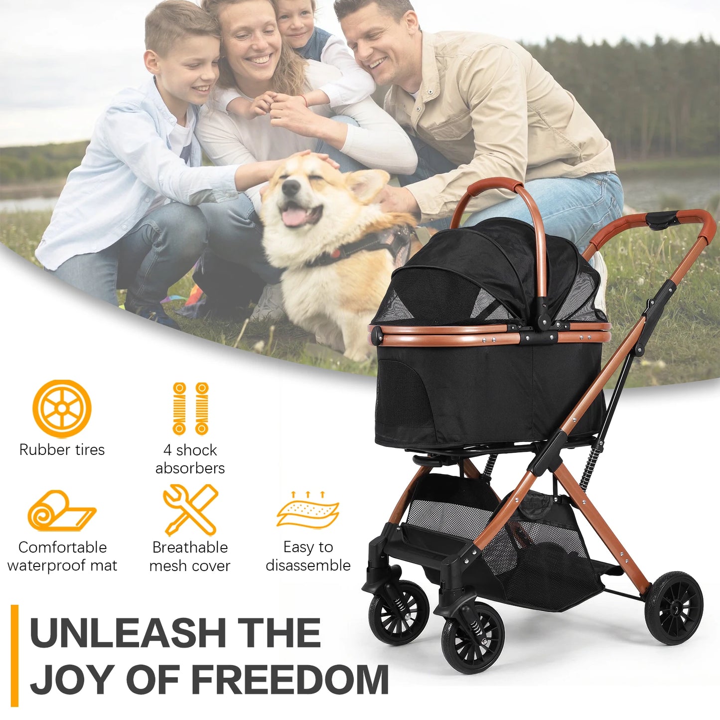 Smooth-Ride Dog Stroller All Terrain 4 Wheels Folding Stroller Foldable & Ventilated with Sun Shades for Small Medium Dogs Cats