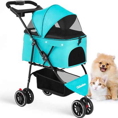 Pet Stroller For Small Medium Cats & Dogs, 3 Wheels Foldable with Breathable Mesh Canopy
